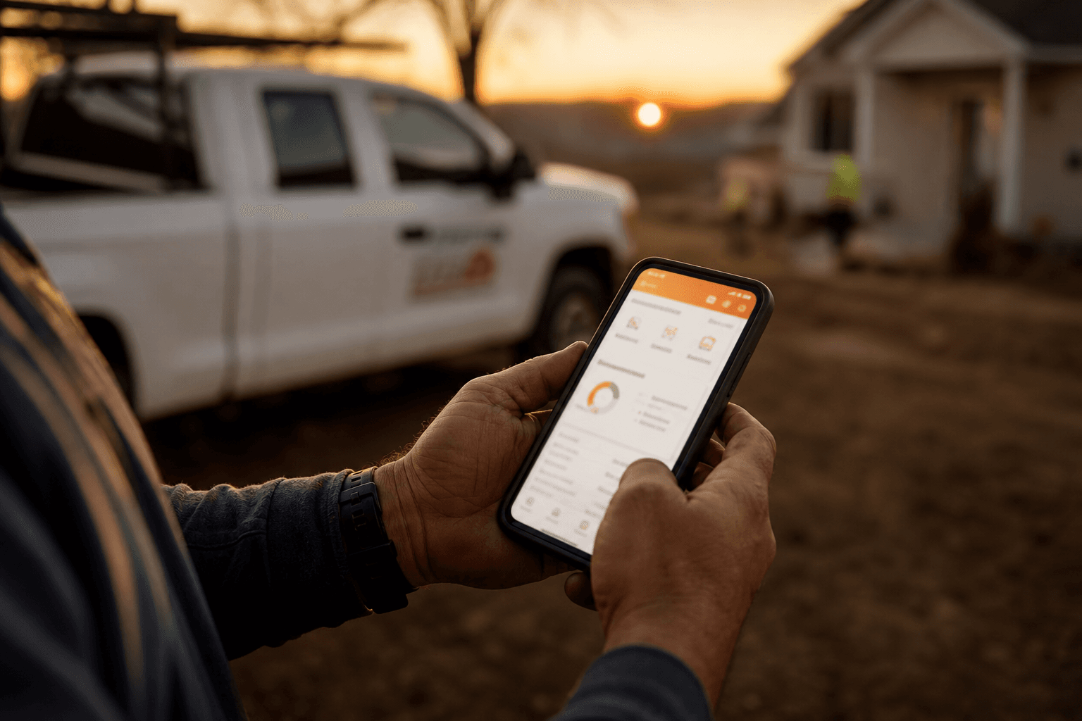 A service pro checking dyia on a job site at golden hour